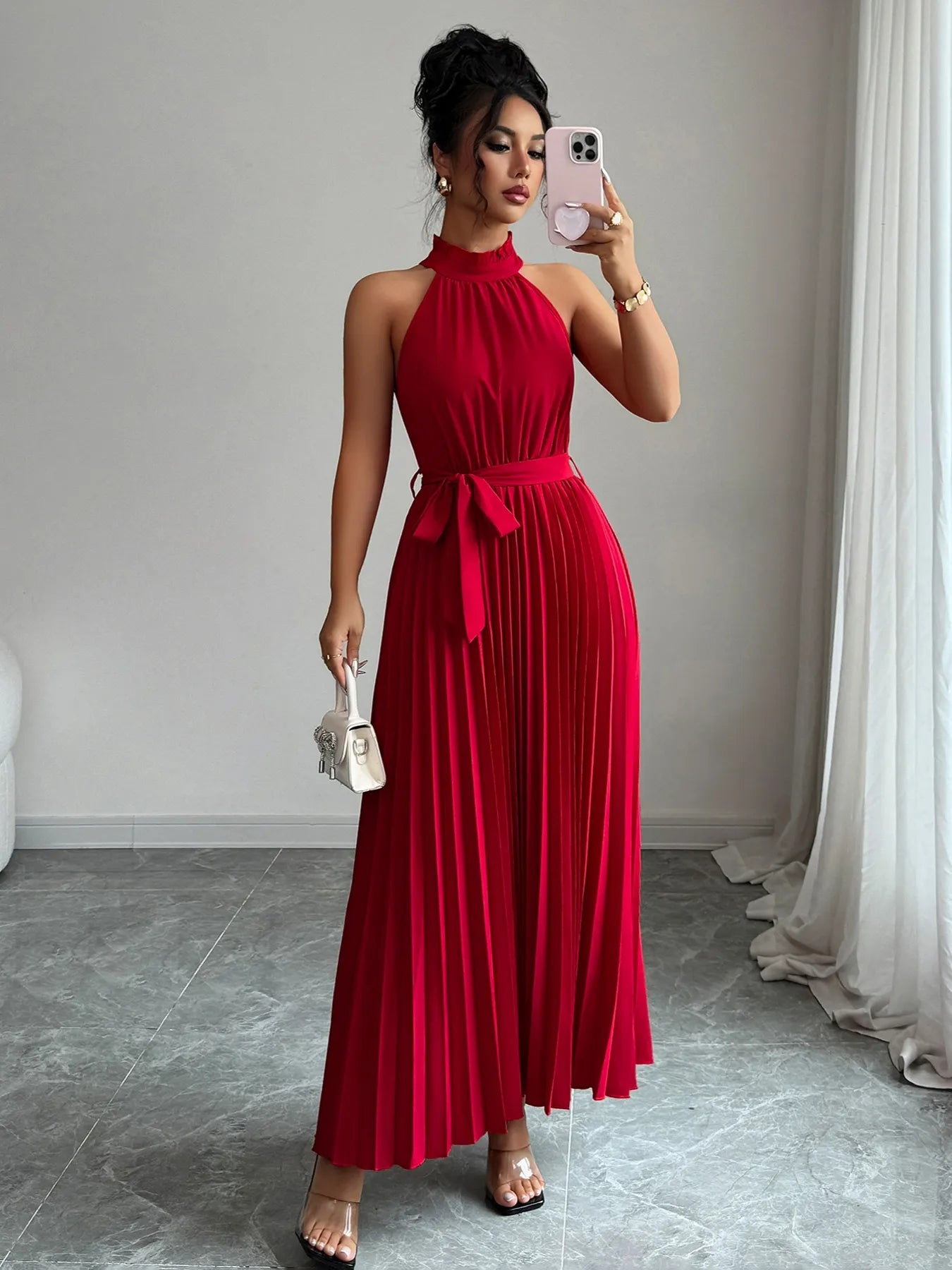 Pleated Halter Neck Tie Waist Maxi Dress