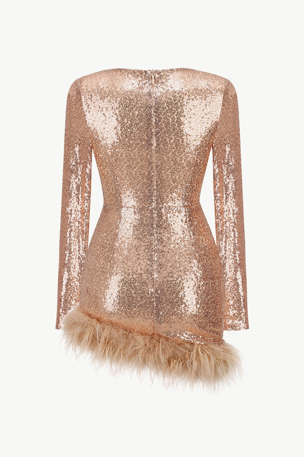 Sequin Sweetheart Neck Feather Hem Mini Dress-Gold