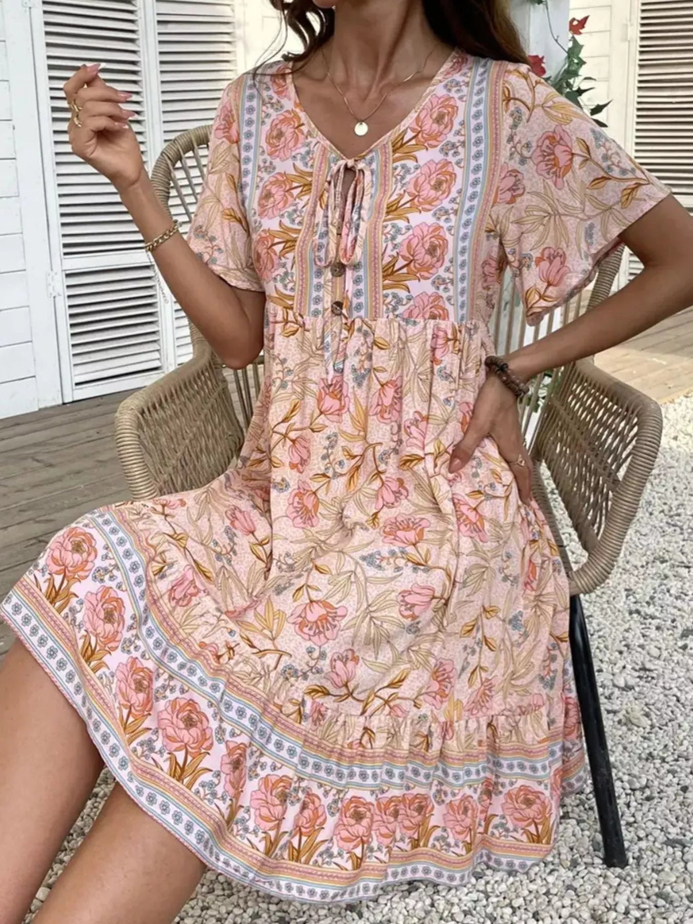 Printed Tie Neck Short Sleeve Mini Dress