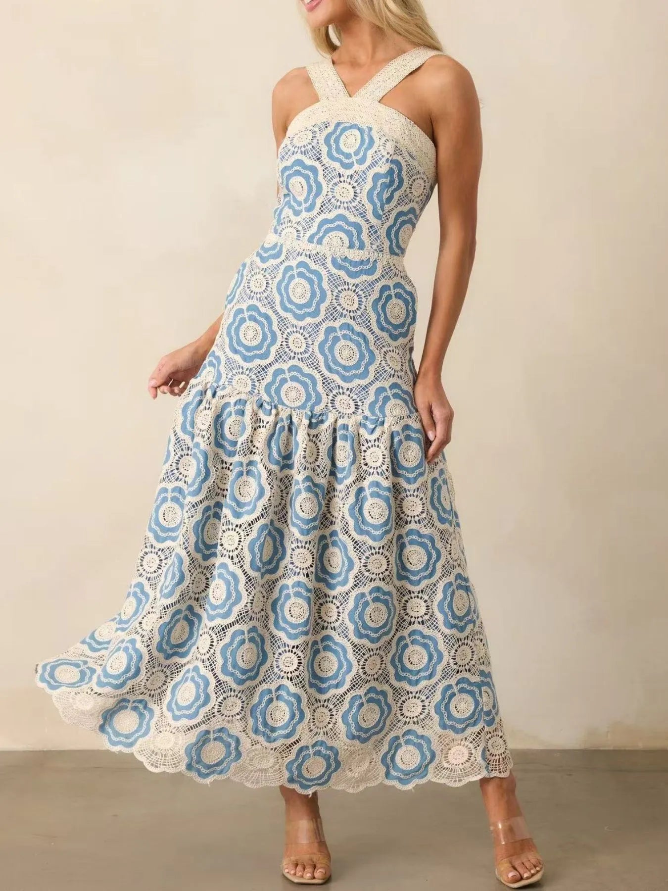 Lace Sleeveless Tiered Midi Dress