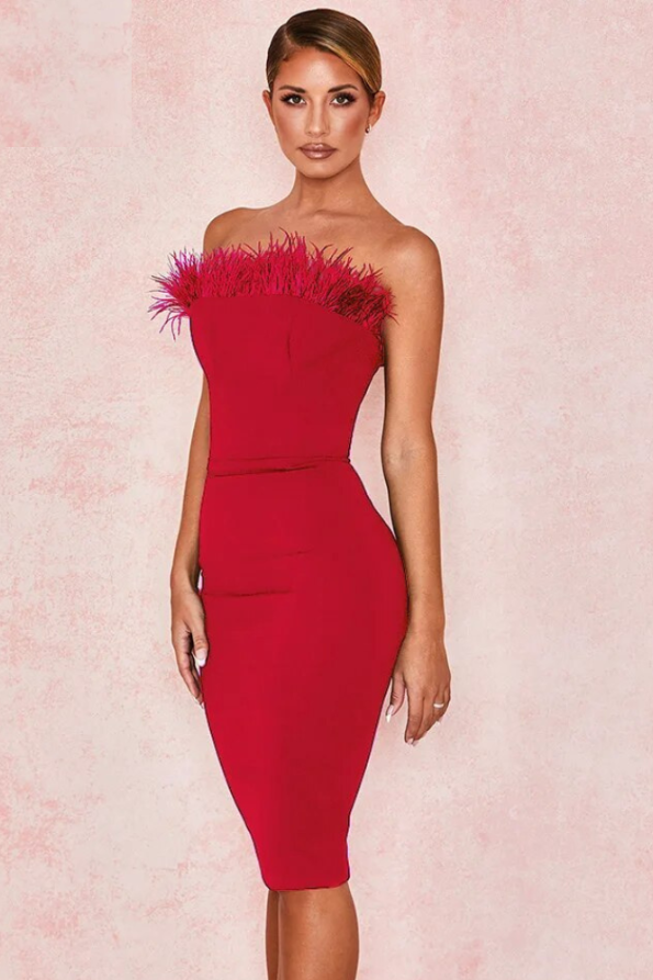 CHIC STRAPLESS FEATHER DRESS