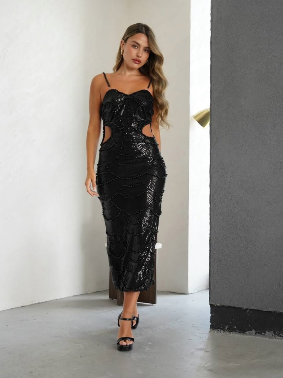 Hollow-out Camisole Beads Banquet Evening Dress-Black
