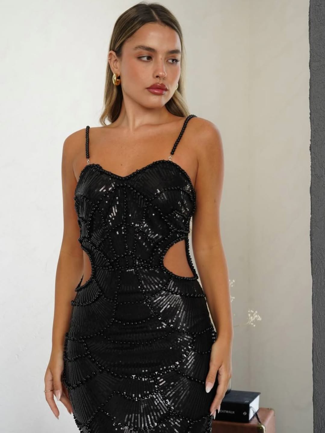 Hollow-out Camisole Beads Banquet Evening Dress-Black