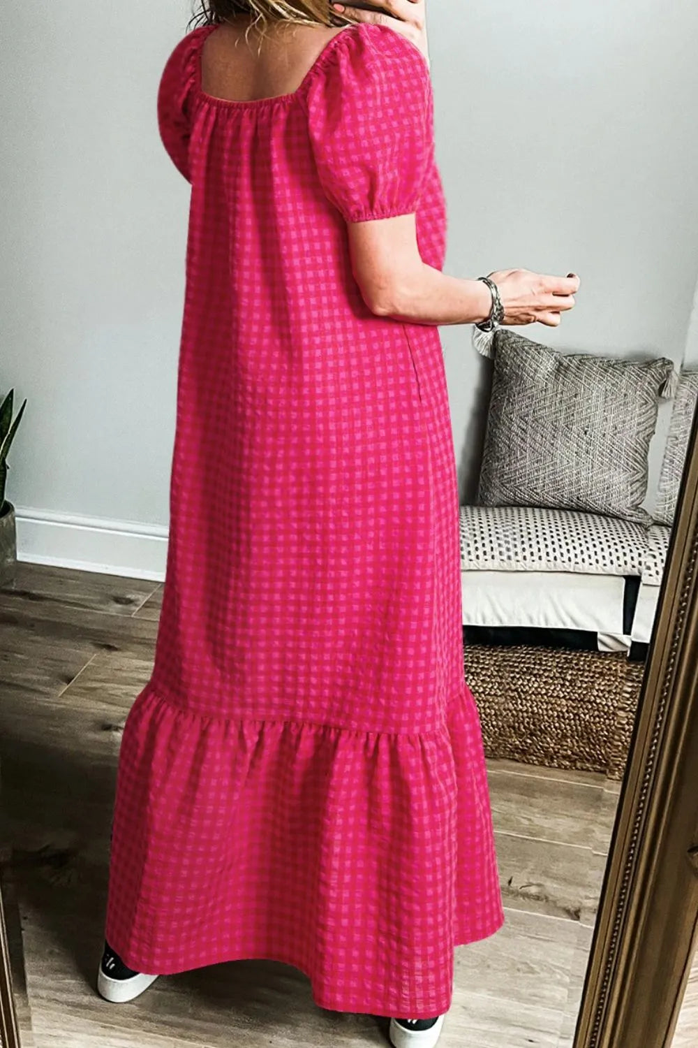 SYNZ Gingham Check Bubble Sleeve Ruffled Maxi Dress