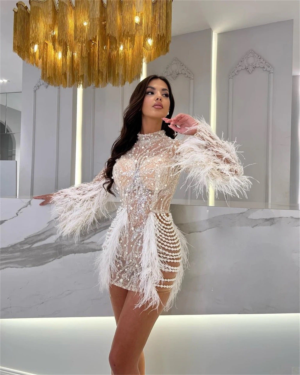 IRVA SEQUIN FUR BEADS MINI DRESS