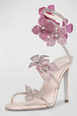Beaded Pink Flowers Strappy High Heeled Sandals