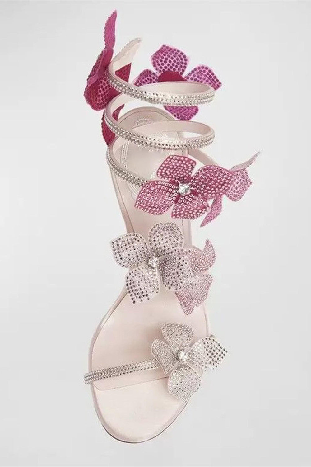 Beaded Pink Flowers Strappy High Heeled Sandals