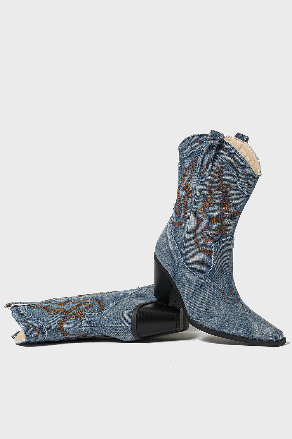 Vintage Western Denim Embroidered Pointed Toe Cowboy Boots