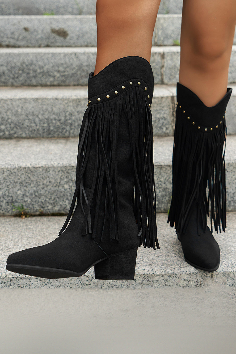 Black Fringe Studded Mid-Calf Cowboy Boots