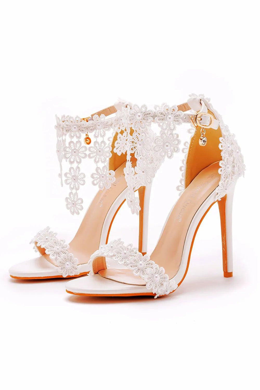 White Floral Lace High Heel Ankle Strap Wedding Sandals