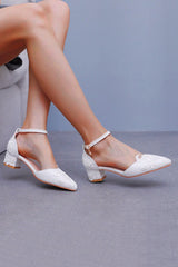 White Floral Embroidered Ankle Strap Block Heel Wedding Shoes