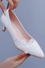 White Lace Kitten Heel Closed Toe Pointed Wedding Shoes