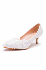 White Lace Kitten Heel Closed Toe Pointed Wedding Shoes