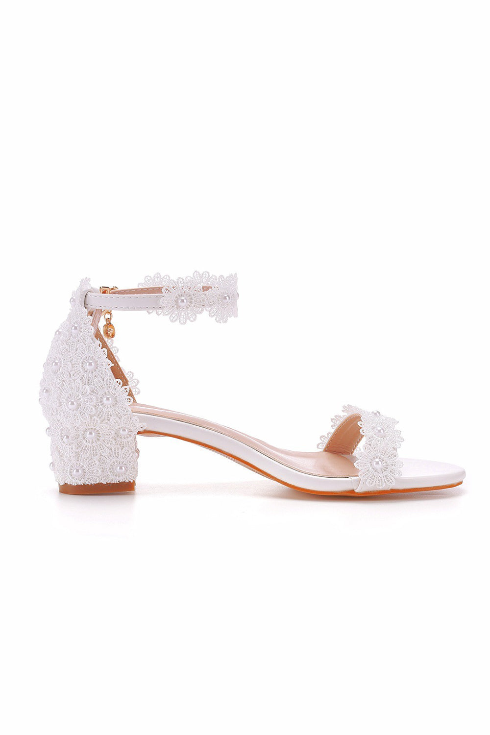 Romantic White Lace Block Heel Wedding Shoes with Pearls