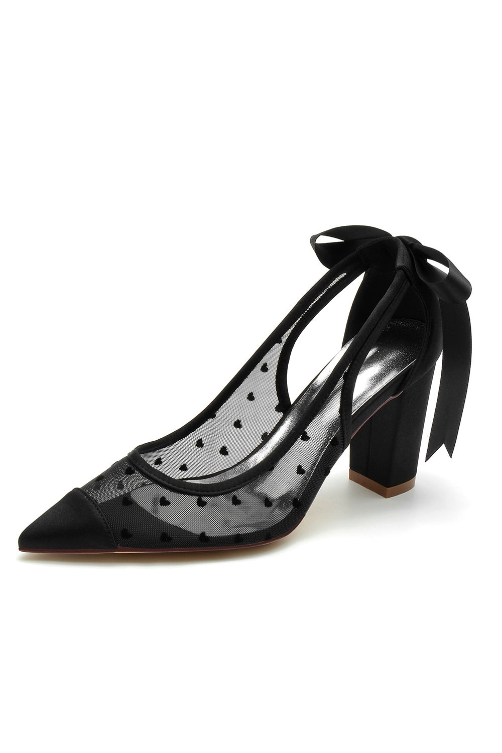 White Mesh Pointed Toe Block Heel Wedding Shoes with Bow