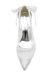 White Mesh Pointed Toe Block Heel Wedding Shoes with Bow