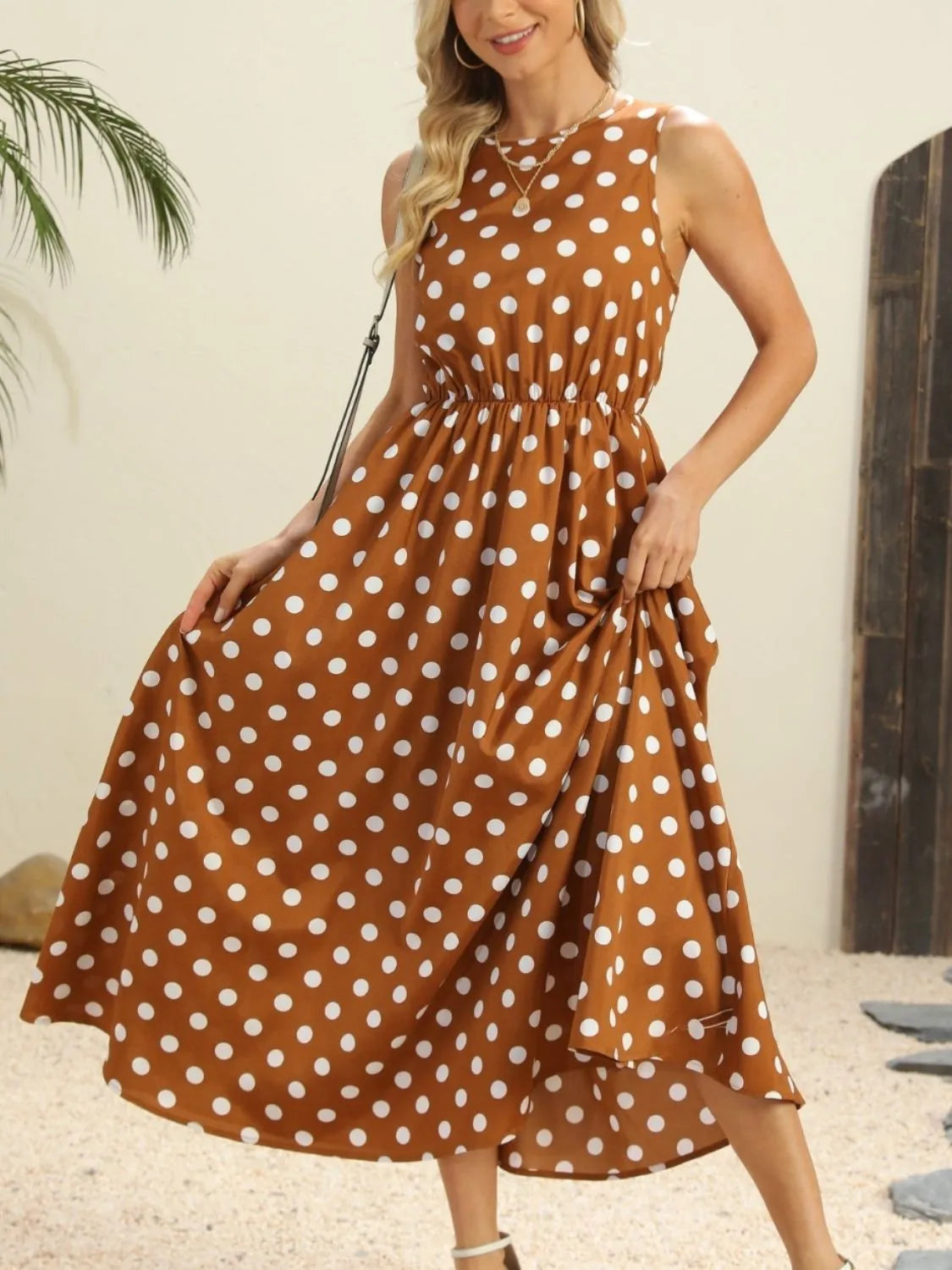 Polka Dot Round Neck Sleeveless Midi Dress