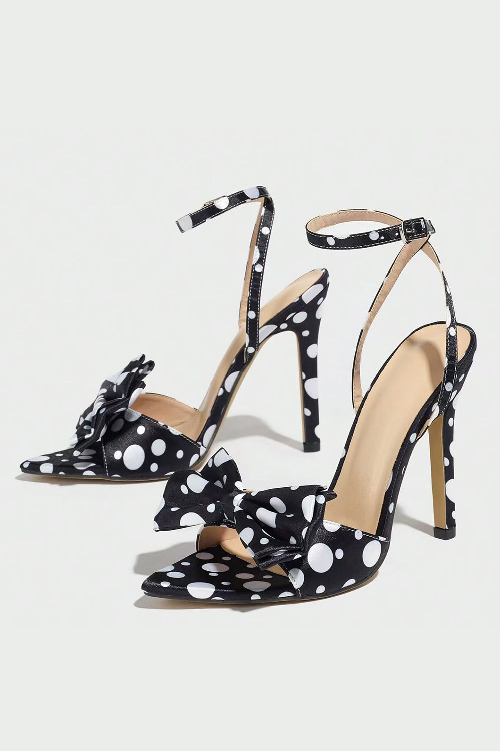 White Black Polka Dot Bowed Stiletto High Heels with Ankle Strap