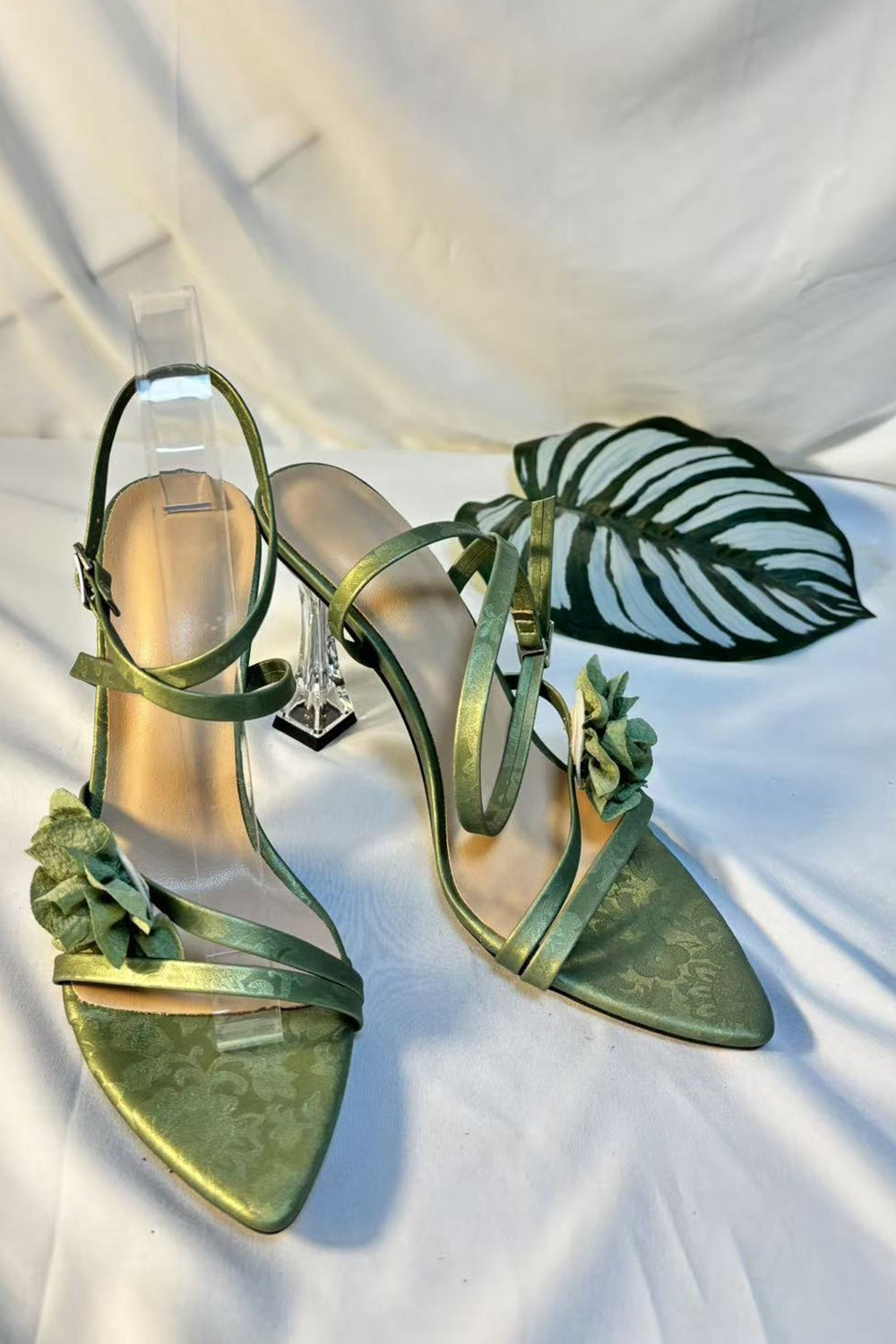Eucalyptus Floral Stiletto High Heels Sandals with 3D Flower