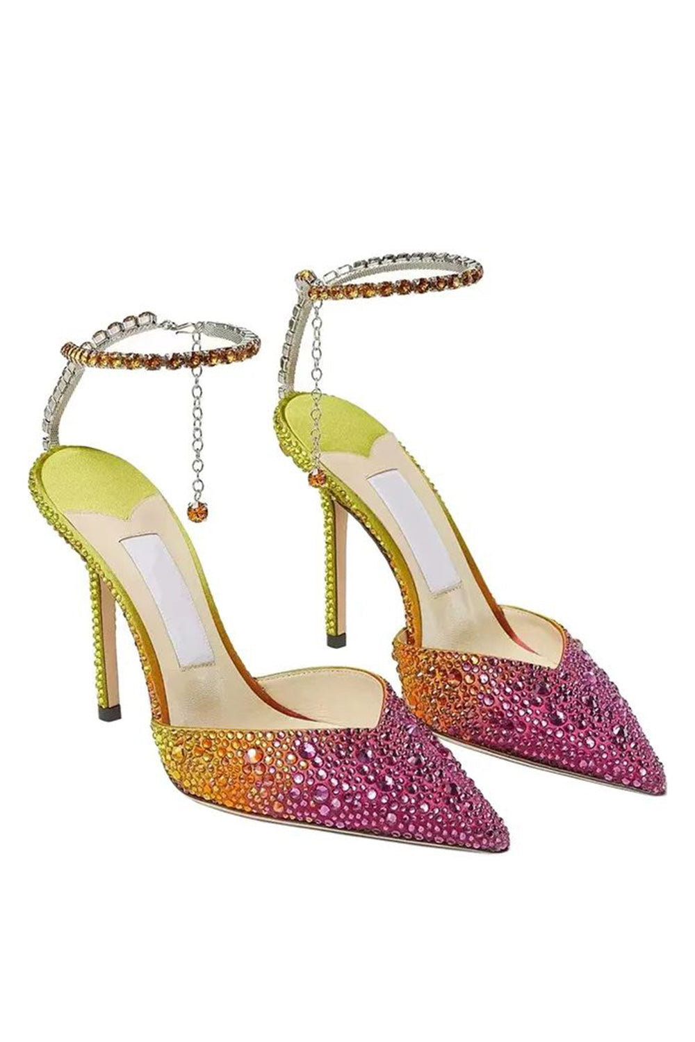 Sparkly Orange Gradient Rhinestone Pointed Toe Stiletto Heels with Ankle Chain