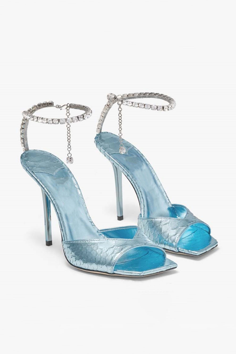 Emerald Croc-Embossed Stiletto Heels with Crystal Ankle Strap