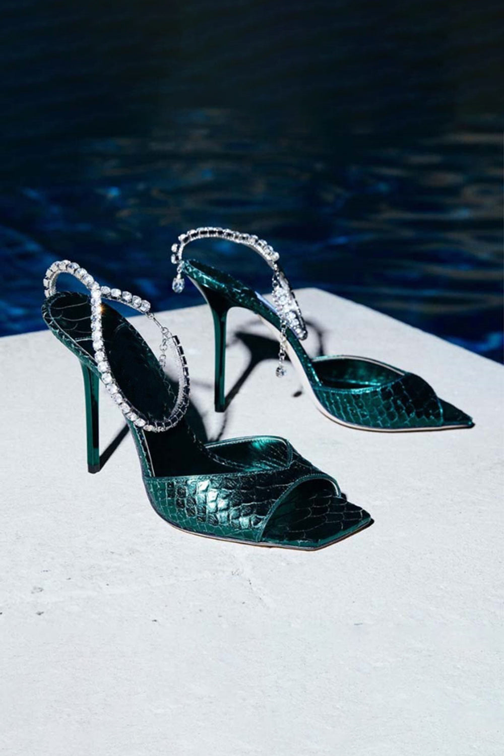 Emerald Croc-Embossed Stiletto Heels with Crystal Ankle Strap
