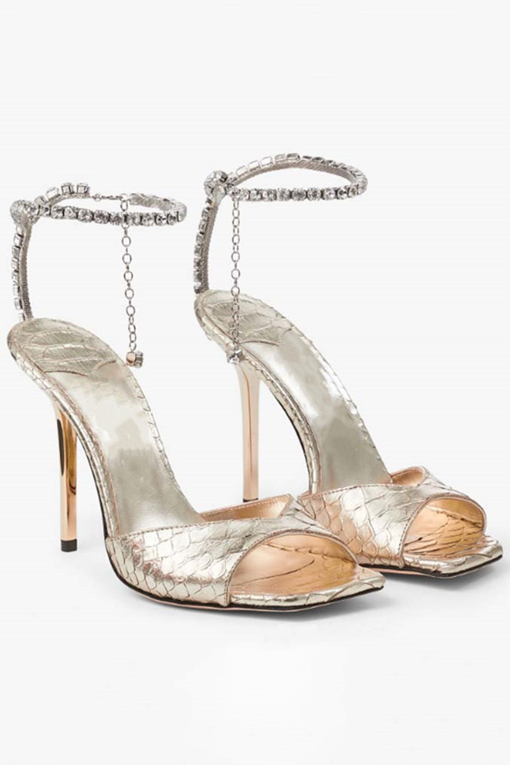 Emerald Croc-Embossed Stiletto Heels with Crystal Ankle Strap