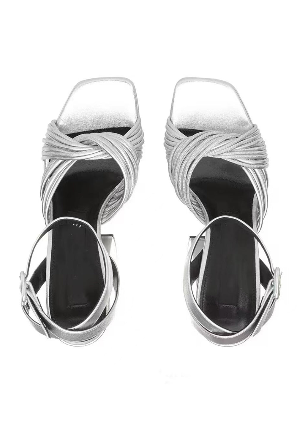 Metallic Silver Leather Block Heel Platform Sandals with Ankle Strap