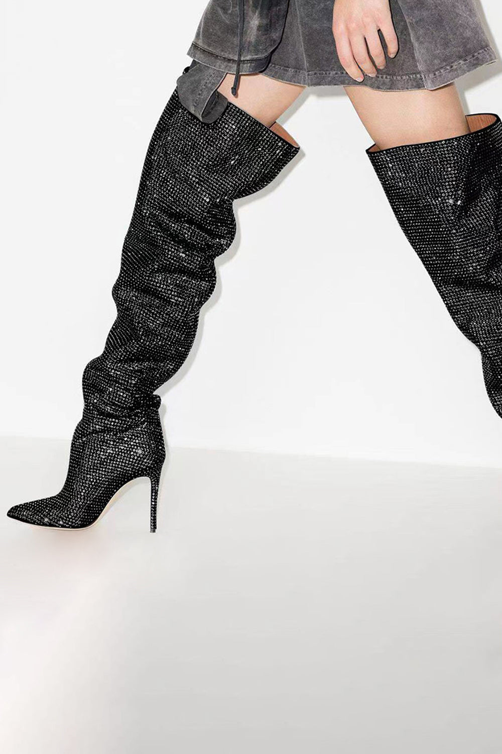 Sparkly Silver Knee High Stiletto High Heel Boots with Rhinestones