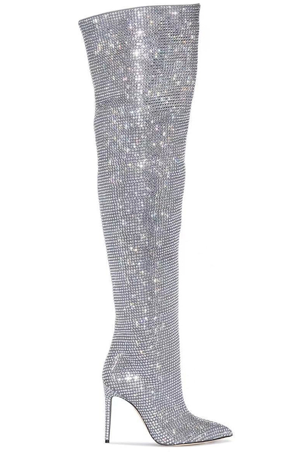 Sparkly Silver Knee High Stiletto High Heel Boots with Rhinestones