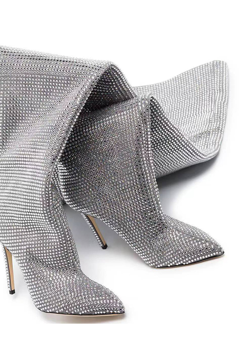 Sparkly Silver Knee High Stiletto High Heel Boots with Rhinestones