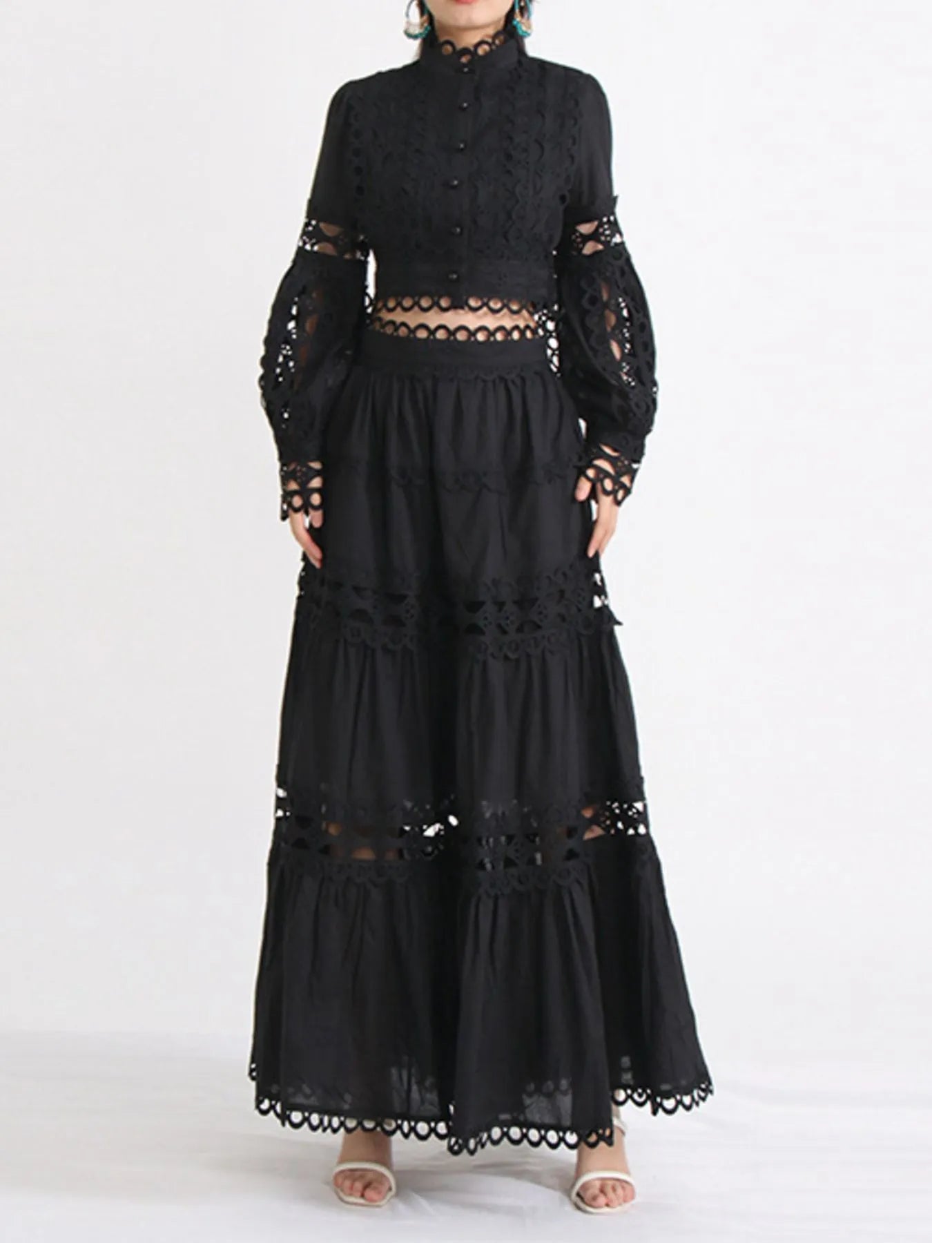 Lace Button Up Long Sleeve Top and Skirt Set
