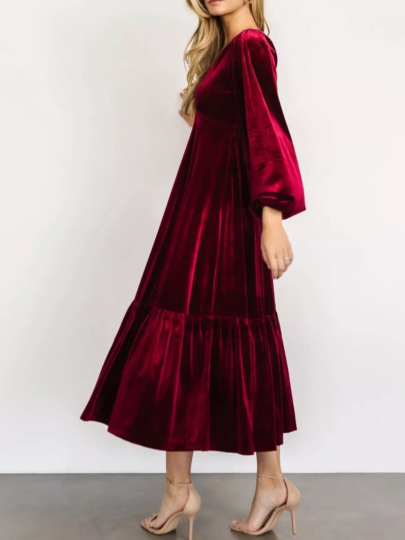 Velvet Tiered Long Sleeve Midi Dress