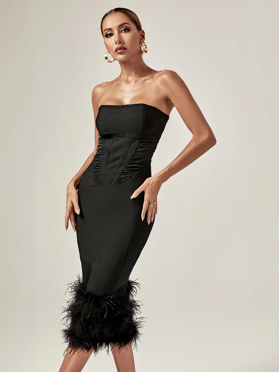 FUR BLACK STRAPLESS CORSET DRESS