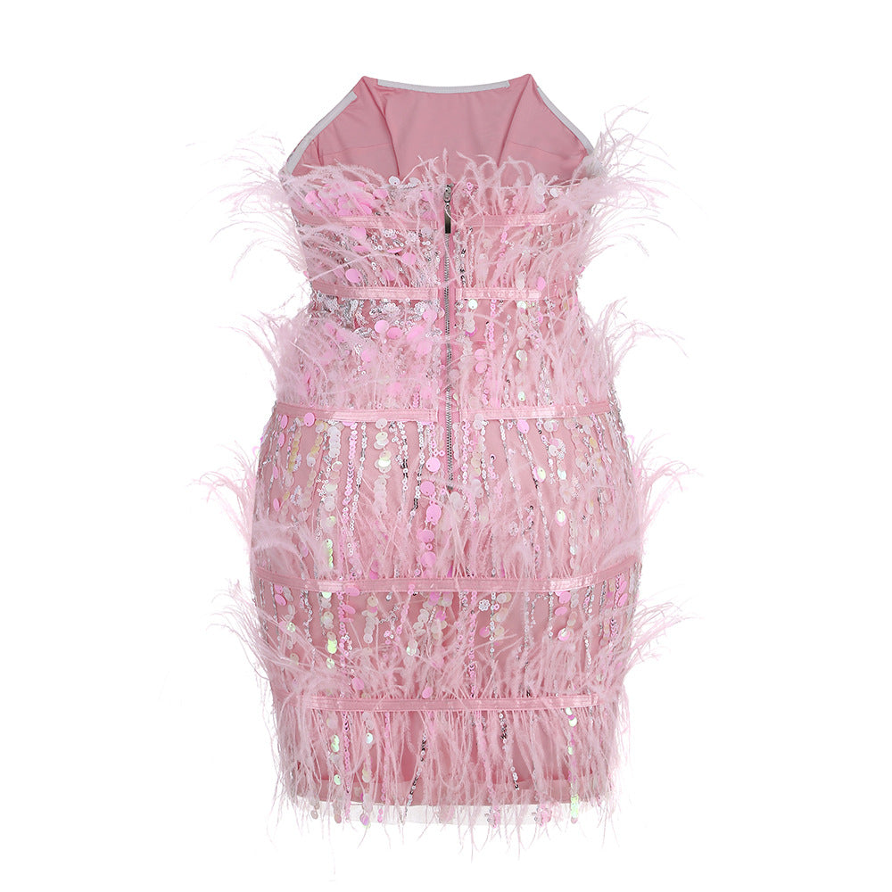 Reinna Strapless Sequin Feather Birthday Party Dress