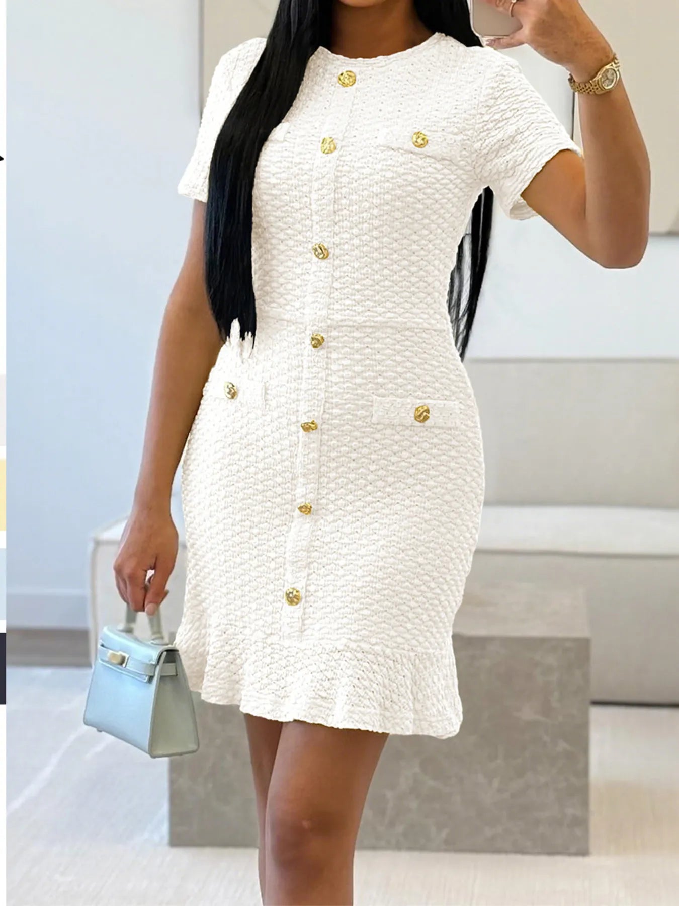 Button-Front Short Sleeve Textured Dress