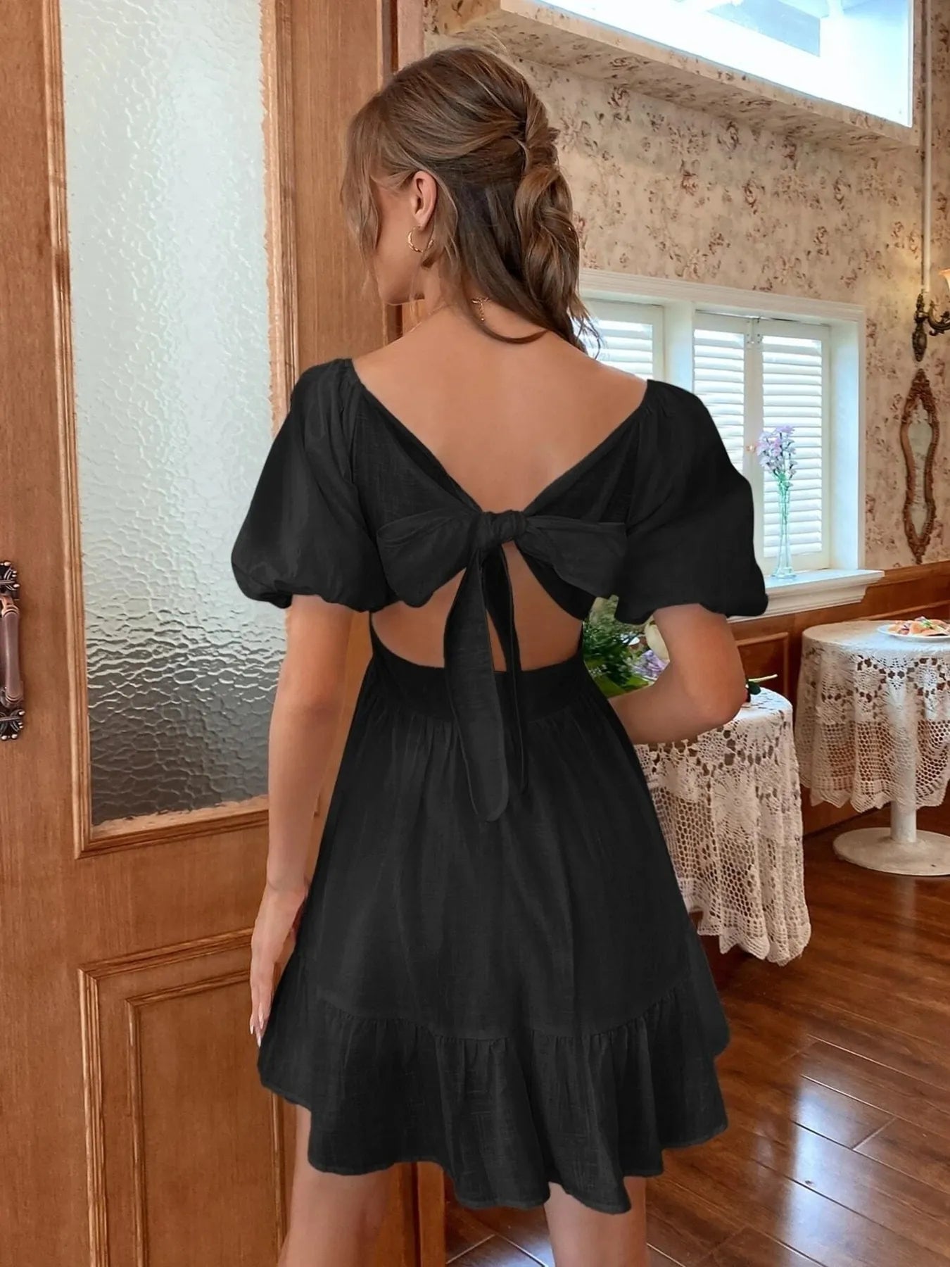 Square Neck Puff Sleeve Mini Dress