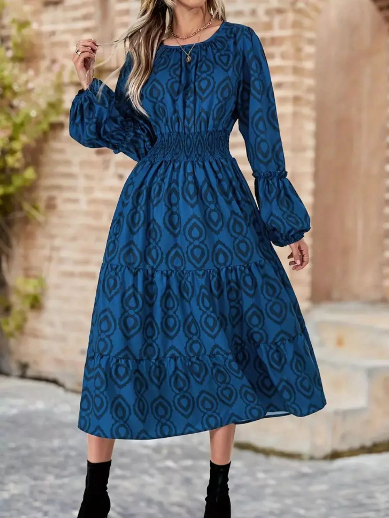 Smocked Round Neck Balloon Sleeve Midi Dress