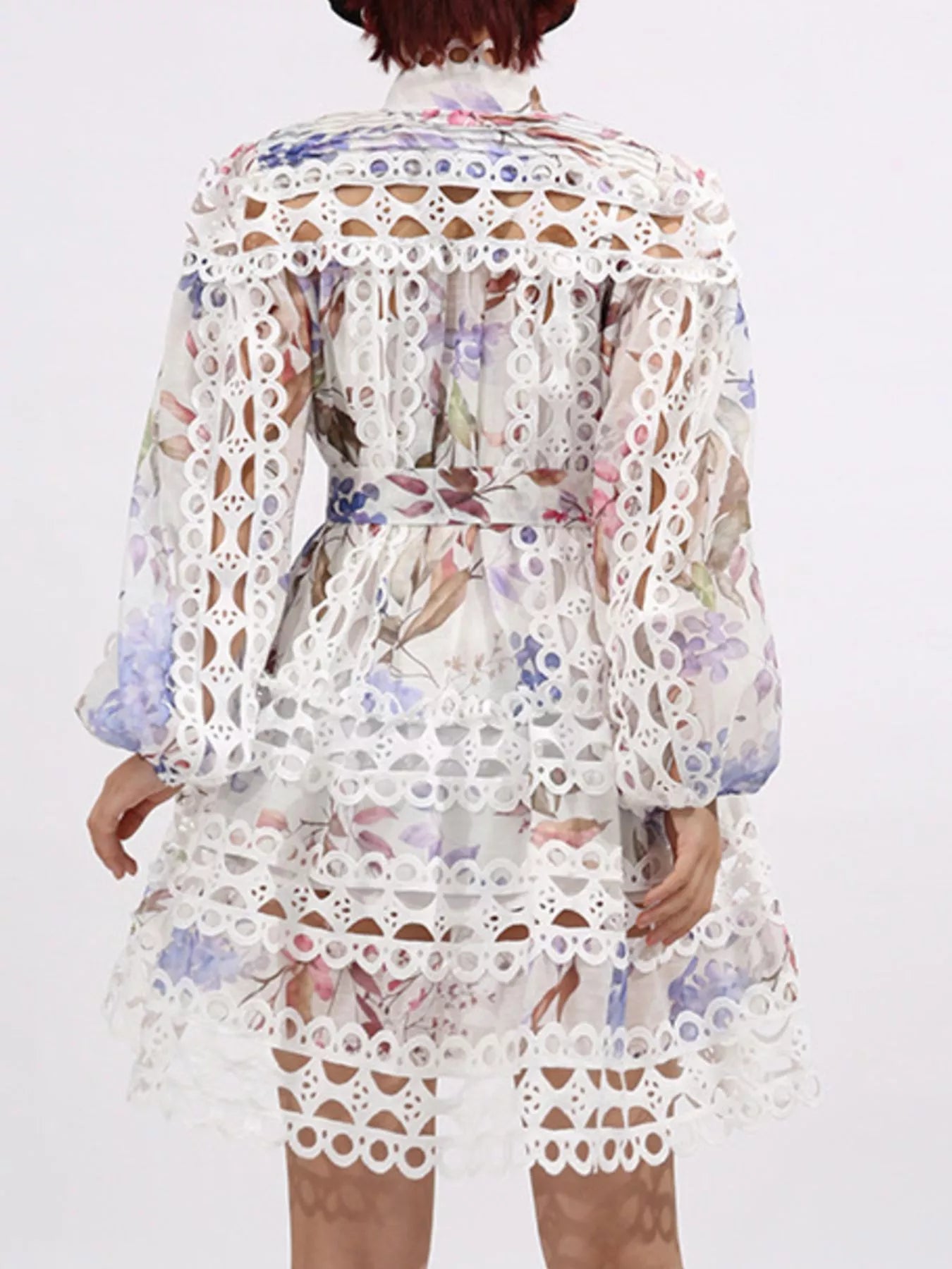 Lace Eyelet Mini Dress with Balloon Sleeves