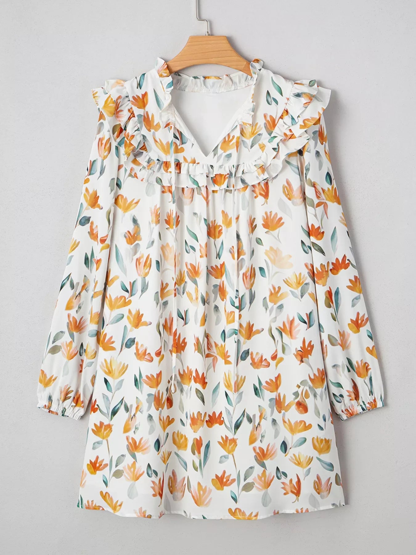 Floral Print Tie Neck Frilled Detail Long Sleeve Mini Dress