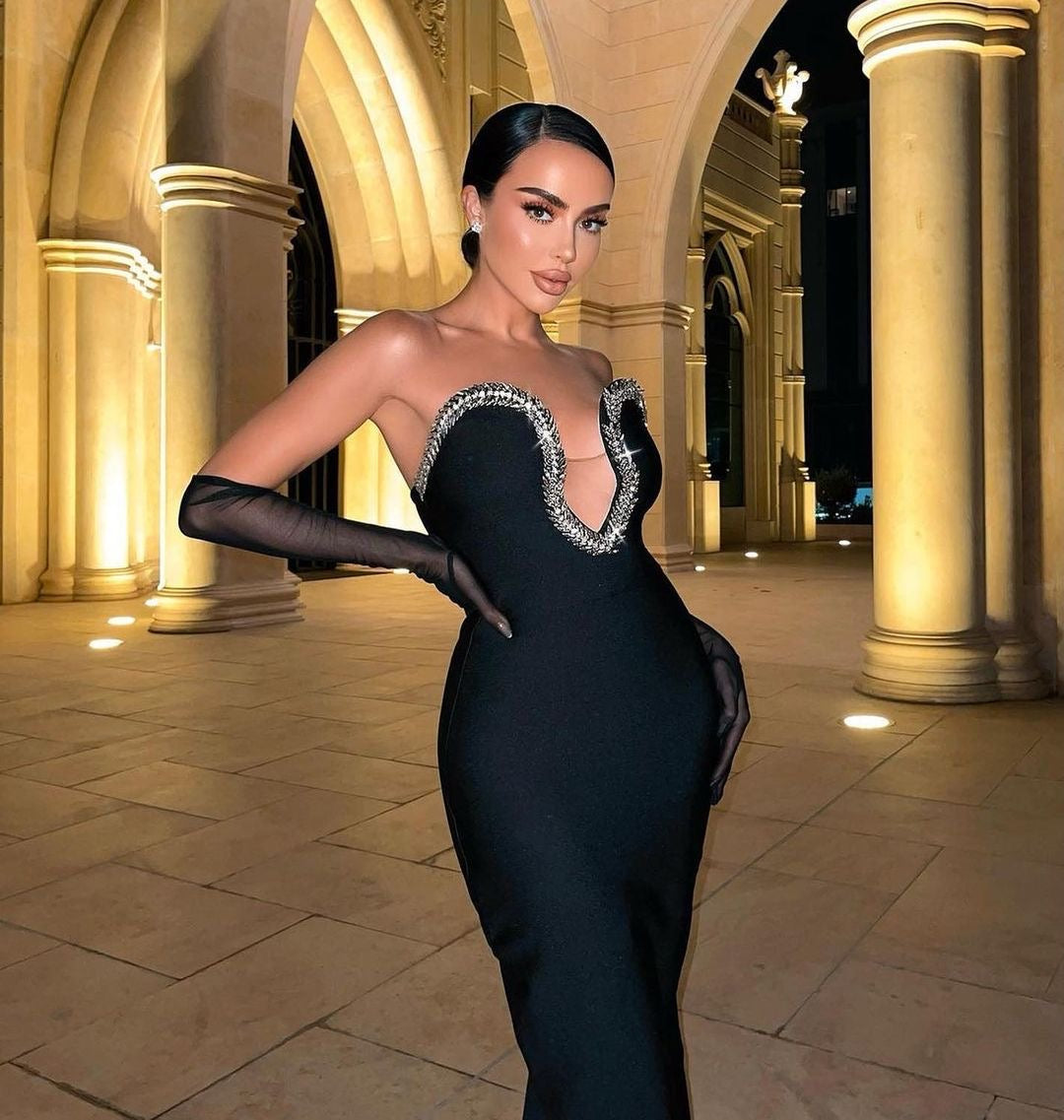 Chic Strapless V-Neck Midi Party Wear