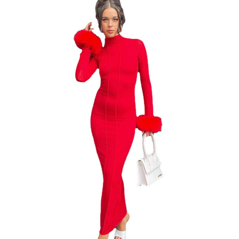 Stand Collar Wool Long Sleeve Backless Feather Dress