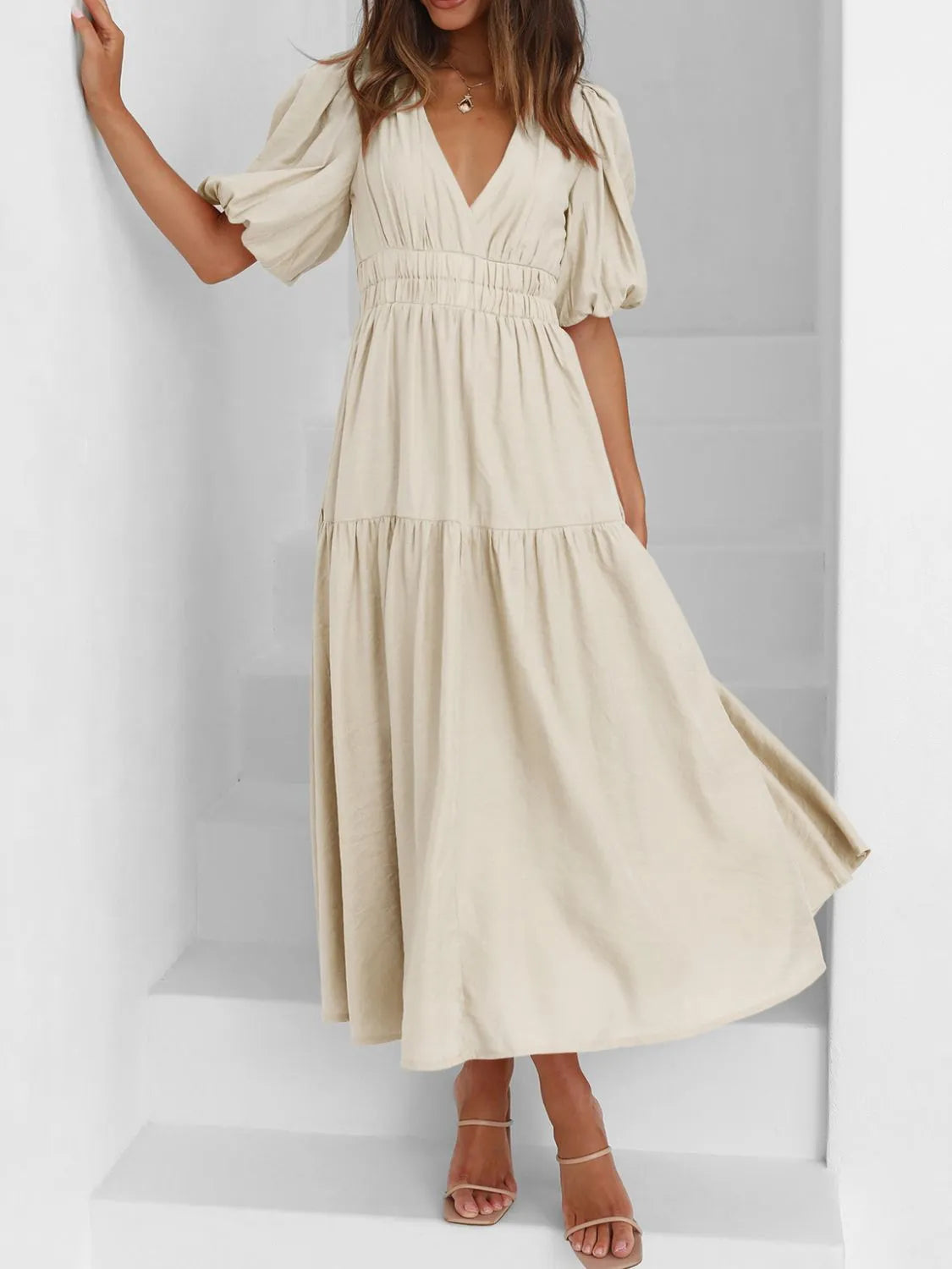 V-Neck Puff Sleeve Midi Dress