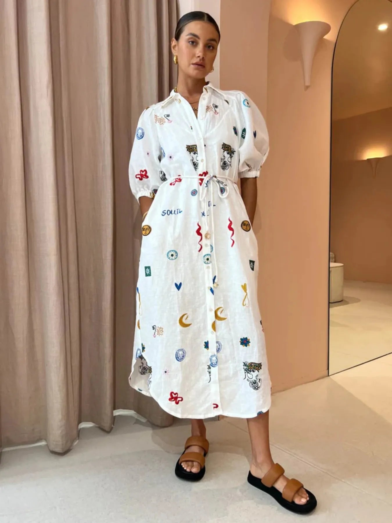 Printed Button Up Midi Shirt Dress