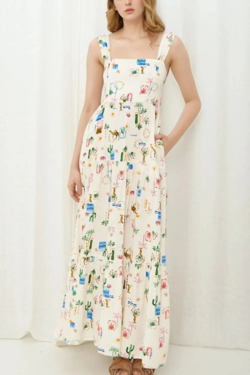 Printed Square Neck Wide Strap Maxi Dress