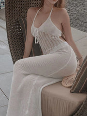 Openwork Halter Neck Sweater Maxi Dress
