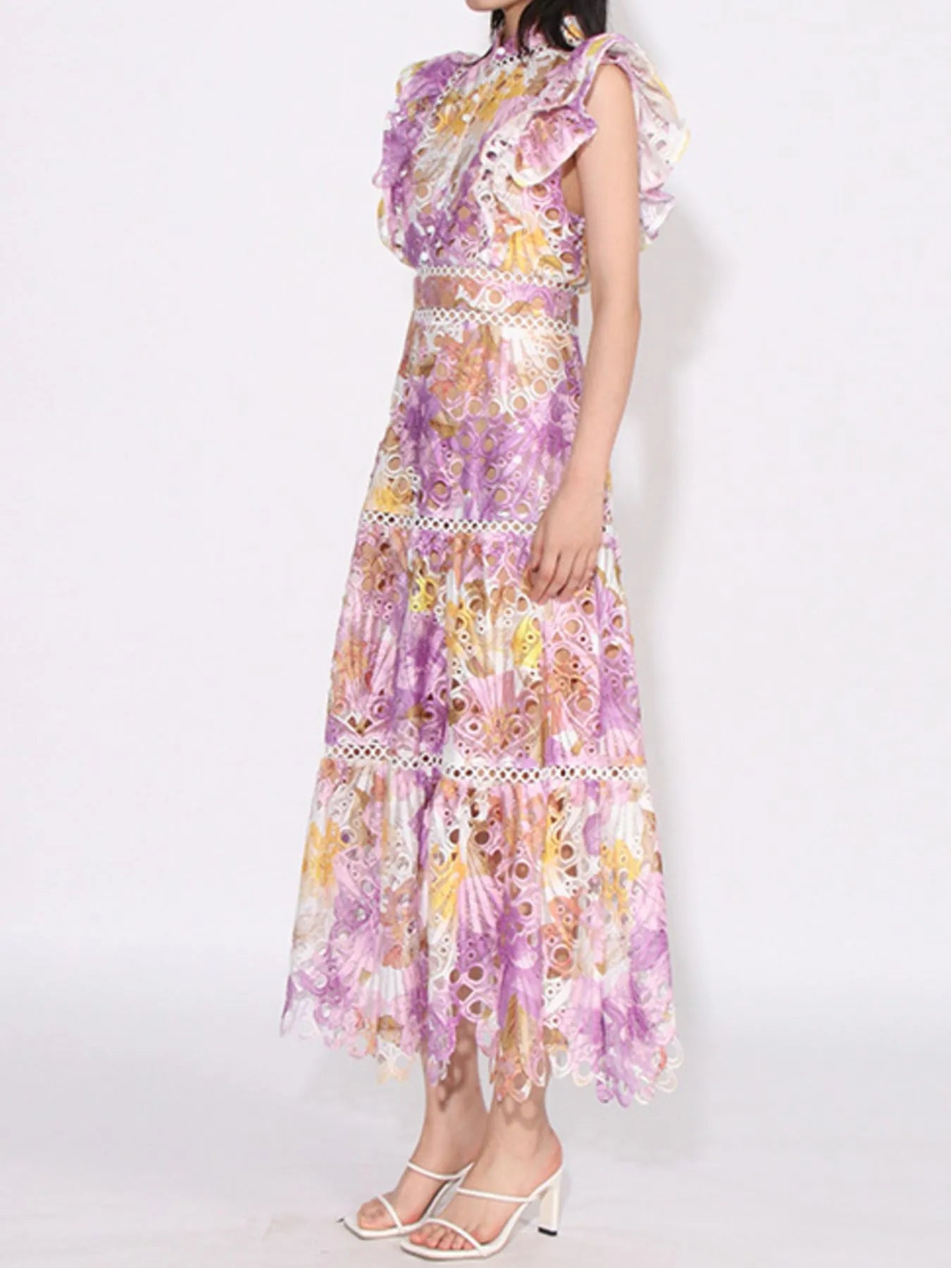 Ruffled Hollow Out Tiered Midi Dress