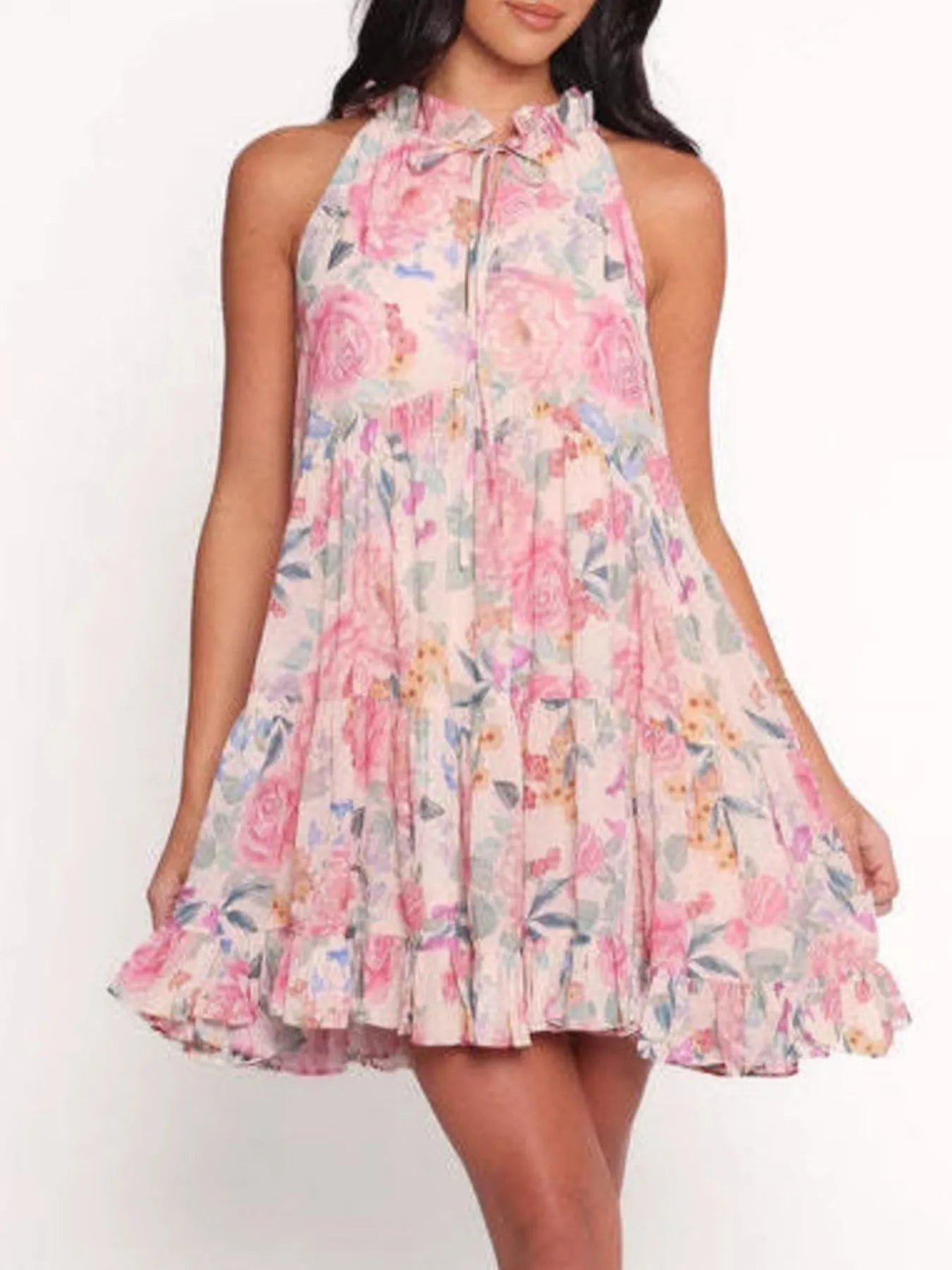 Floral Print Sleeveless Tiered Mini Dress