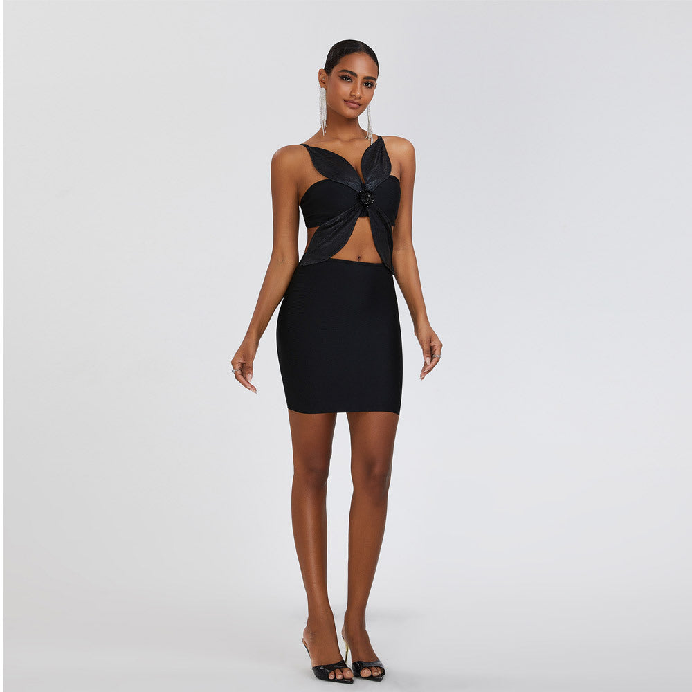 Sling Four-leaf Clover Bandage Black Dress