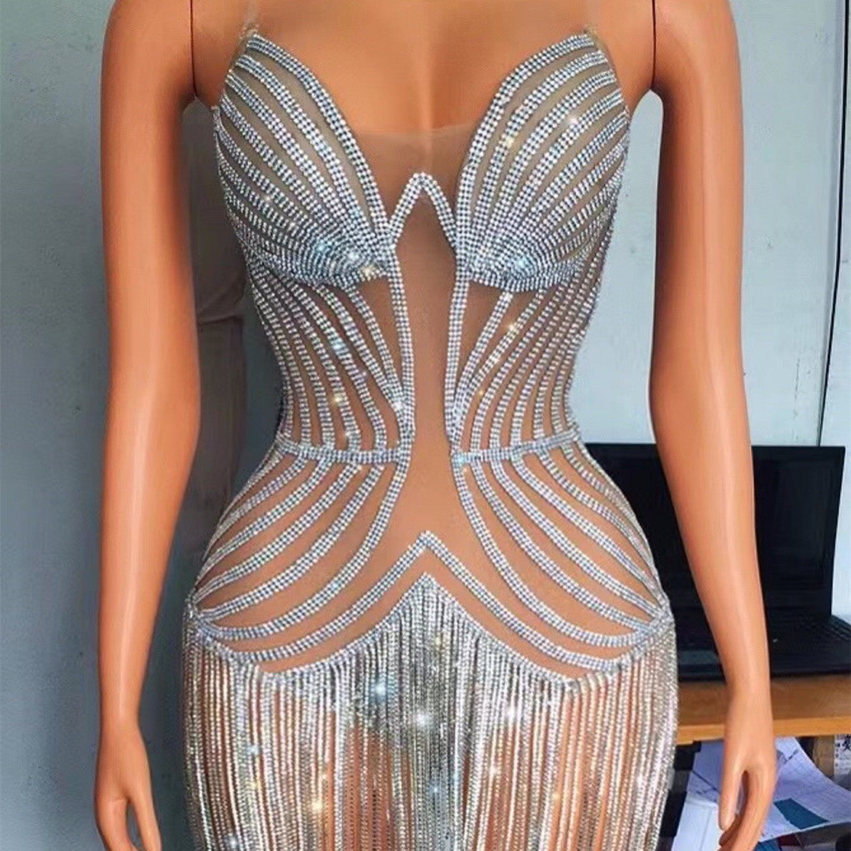 Diamonds Tassels See-through Mesh Dress